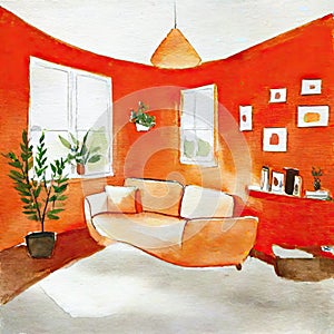 Watercolor of Simplicity defines torange living room with clean and uncluttered