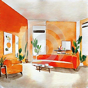 Watercolor of Simplicity defines torange living room with clean and uncluttered
