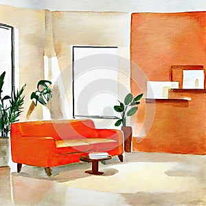 Watercolor of Simplicity defines torange living room with clean and uncluttered