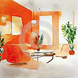 Watercolor of Simplicity defines torange living room with clean and uncluttered