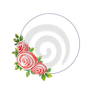 Watercolor single one bush of three roses with leaves in the form of  round frame, wreath on a white background,/