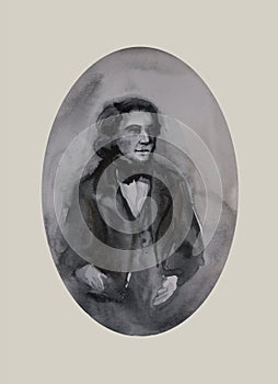 Watercolor sketch of abstract man in costume of end XIX century, hand painted as daguerreotype retro portraite in oval shape