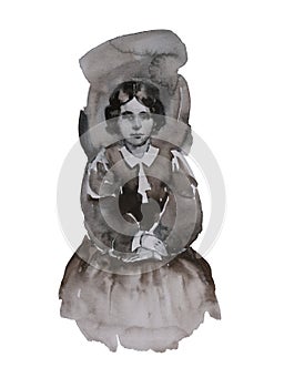 Watercolor sketch of abstract young girl in costume of end XIX century, hand painted as daguerreotype retro portraite photo