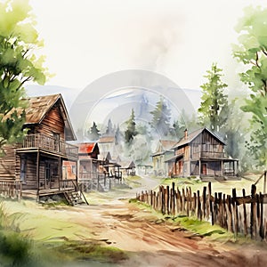 Watercolor Sketch Of Apgar Village In Cowboy Style