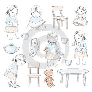 Watercolor sketch with baby girl, doll, bear, bunny, furniture and dishes