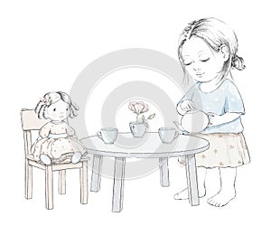 Watercolor sketch with baby girl, doll, dishes and furniture