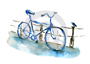 Watercolor sketch of bicycle in blue color. bike near the fence. Watercolor Illustration isolated on white background. Can be used