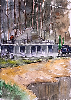 Watercolor sketch of cafe in garden