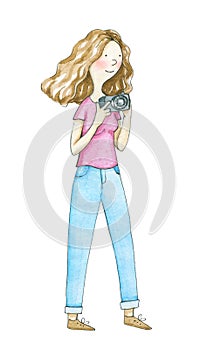 Watercolor sketch with cartoon woman photographer with camera