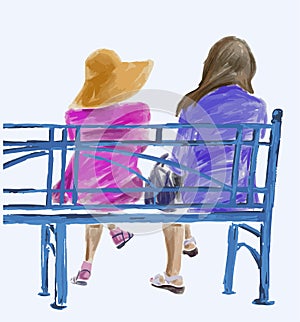 Watercolor sketch of casual citizens sitting on blue park bench for resting on summer day