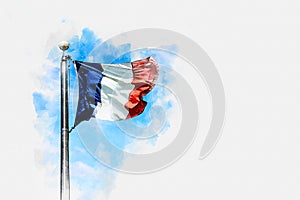 Watercolor sketch of a French flag against a blue sky background