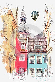 A watercolor sketch or an illustration of a beautiful view of the architecture of Riga.