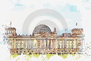 Watercolor sketch or illustration of a beautiful view of the Reichstag in Berlin.