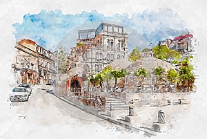 Watercolor sketch or illustration of a beautiful view of the traditional European urban architecture in Tbilisi. Capital of