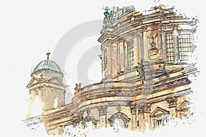 A watercolor sketch or illustration of the Berlin Cathedral called Berliner Dom. Berlin, Germany.