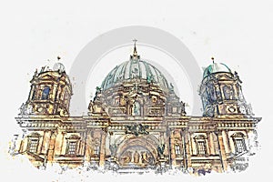 A watercolor sketch or illustration of the Berlin Cathedral called Berliner Dom. Berlin, Germany.