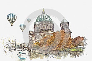 A watercolor sketch or illustration of the Berlin Cathedral called Berliner Dom. Berlin, Germany.