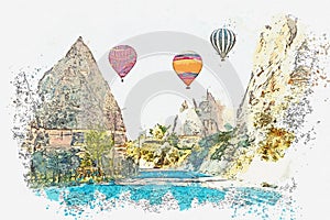 A watercolor sketch or illustration. Hot air balloon in the sky in Kapadokia in Turkey.