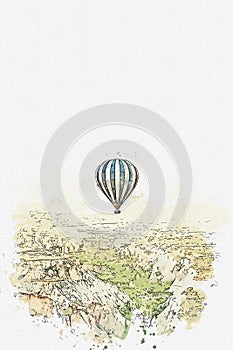 A watercolor sketch or illustration. Hot air balloon in the sky in Kapadokia in Turkey. photo