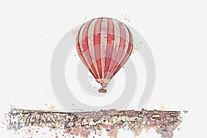 A watercolor sketch or illustration. Hot air balloon in the sky in Kapadokia in Turkey. photo