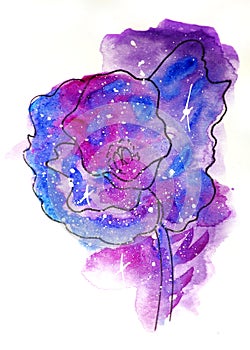 Watercolor sketch illustration, tattoo style: contour of a poppy flower against a background of pink and lilac cosmos