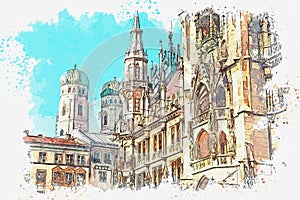 A watercolor sketch or illustration. Town Hall Marienplatz in the central square of Munich.