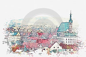 A watercolor sketch or an illustration of traditional architecture and a church in Cesky Krumlov in the Czech Republic