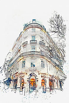 A watercolor sketch or an illustration. Traditional European architecture. The corner of a typical building in Porto in