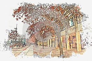 A watercolor sketch or an illustration. View of the street in Dresden