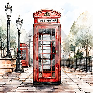 Watercolor sketch of Londons telephone booth, adding color to a scenic street landscape