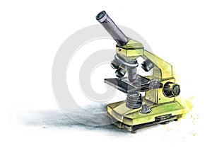 Watercolor sketch of microscope isolated on white background. Hand drawn abstract illustration of scientific tool