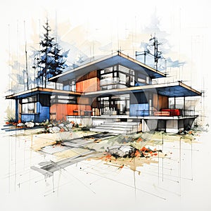 A watercolor sketch of a modern house blending seamlessly with the serene forest