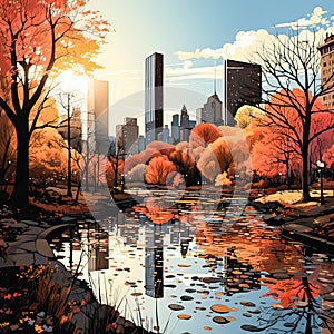 A watercolor sketch of New Yorks autumnal beauty by a serene lake, natures artistry