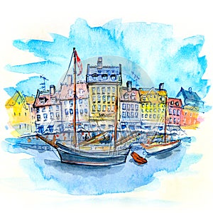 Watercolor sketch of Nyhavn, Copenhagen, Denmark.