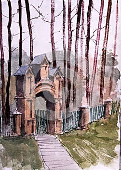 Watercolor sketch of old cemetery