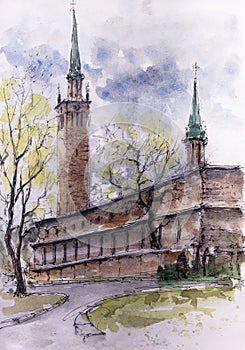 Watercolor sketch of old church