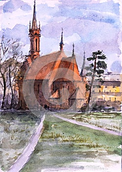 Watercolor sketch of old church