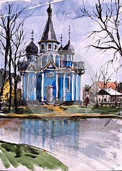 Watercolor sketch of old Orthodox Church