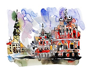 Watercolor sketch painting of old town Riga Latvia top view city photo