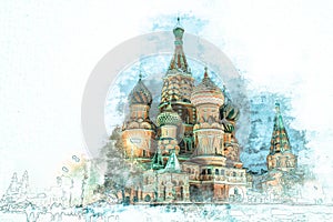 Watercolor sketch painting of St. Basil Cathedral, Moscow