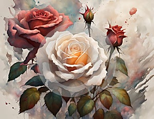 Watercolor sketch of pink and red roses bouquet sketch. Beautiful floral digital illustration. CG Artwork Background