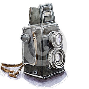 Watercolor sketch of retro camera, isolated.