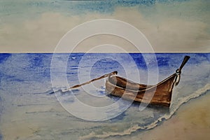 watercolor sketch,seascape with wooden boat, coast,beach with blue sea