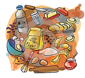 Watercolor sketch set for baking ingredients