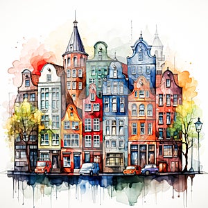 A watercolor sketch showcases colorful Amsterdam houses in a nature kissed landscape