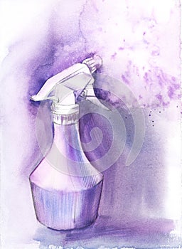 Watercolor sketch of spaying pulverizer on tender lilac background. Hand made illustration of tool for cleaning drawn in pastel