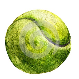 Watercolor sketch of tennis ball on white background.