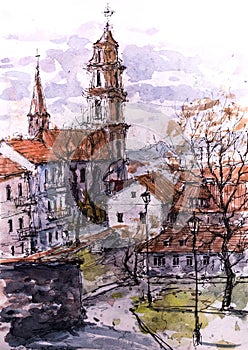 Watercolor sketch of Vilnius old town