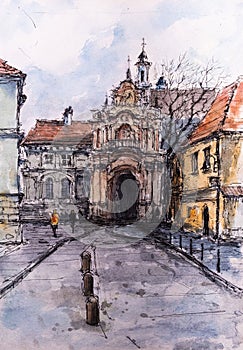 Watercolor sketch of Vilnius old town