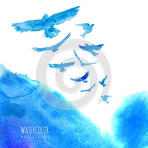 Watercolor sky background with birds